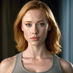 young woman molly quinn, muscular sweat, movie still, attractive perfect face, supermodel body, blondephoto, rule of thirds, deborah ann woll dramatic lighting, short hair, detailed face, detailed nose, woman wearing tank top, smirk, realism, realistic, raw, analog, woman, portrait, photorealistic, analog, realism