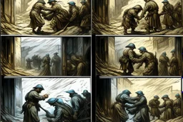 Masterpiece1:5)(Fineart), (award-winning:1.5), highest quality, war journalism, ink and colored pencil sketch of photocollage (by Gustave Doré, Jan Saudek:1.5),(Eastern Ukraine:(panel one:the moment after a battle ends, horrors of war, wounded men),(2nd panel, cinematic shot of men sitting in trench with 1000 yard stare (focus on their eyes:1.5)),(the third panel shows troops tired but hyper alert), (the fourth panel shows the sky is filled with incessant, fire and smoke everywhere,)