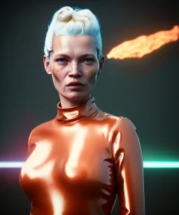 retro sci-fi portrait image from 1980, supermarket parking explosions, fire, scared people, blonde woman walking, sweet Kate moss face, tight latex suit, soft color, highly detailed, unreal engine 5, ray tracing, RTX, lumen lighting, ultra detail, volumetric lighting, 3d, finely drawn, high definition, high resolution.