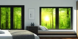 realistic, colorful, epic, ray tracing, cinematic, 8k, HD, Ultra High Definition, photo film, film grain, highly detailed room with highly detailed woodland landscape in windows