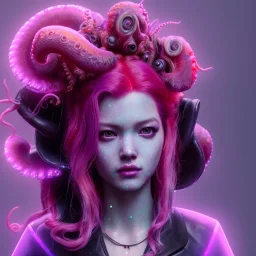 Pretty cyber woman, octopus hair, sci-fi, sweet face, black, natural, pink, geisha style, symmetric plane, neon style, a lot of led lights, fog, rain, leather coat, vibrant color, highly detailed, art stations, concept art, smooth, unreal engine 5, god rays, ray tracing, RTX, lumen lighting, ultra detail, volumetric lighting, 3d, finely drawn, high definition, high resolution.