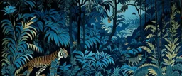 A dark blue jungle with tigers and chameleons designed in Javanese shadow puppets painted by Utagawa Hiroshige