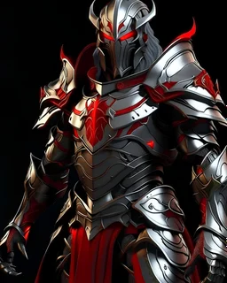 silver metal demon armor with crimson trim,regal gold highlights, glowing red eyes, long crimson cape, red hair out of the helmet