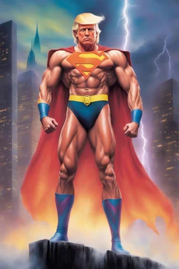 Extremely Muscular, Donald Trump as 'Maga Man,' the greatest superhero in history, Extremely Muscular, overly exaggerated muscles, Skintight, formfitting bodysuit, cape, boots, Multicolored vortex, multicolored lightning, neon lit futuristic cityscape, mist, fog, speed, extremely overexaggerated musculature, "MAGA MAN"