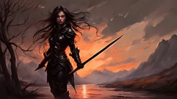 A formidable warrior girl in black armor, on the background Amazing gloomy landscape, flooded with sunset, mountains, trees, fabulous scary hero, , juicy emotions, painting, dark fantasy, gloomy day, dark world, portrait, by Alyssa Monks & Raymond Swanland & James Paick & Anna Razumovskaya