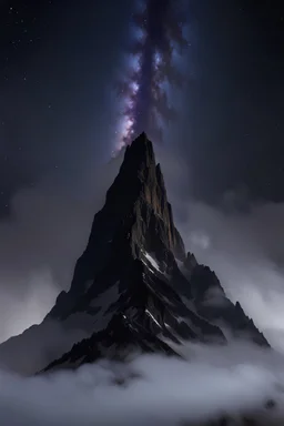 looking up at the tallest single mountain sharp face rising out of the misty foreground into the night sky background.