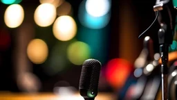 selective focus microphone and blur bokeh musical equipment guitar, bass, drum piano background. digital