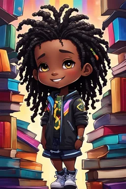 A sassy futurism ABSTRACT colorful art cartoon black chibi BOY LOOKING DOWN, surrounded by colorful BOOKS. Looking up coyly, she grins widely, showing her Teeth. Highly detailed black shiny dread locs , regal expression.