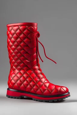 Red puffer boots with a grey embossed large grid pattern and a red sole