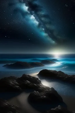 magic sea, realistic, professional photo, 4k, top view, , surf night, full moon, stars in the sky, Milky Way