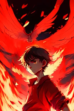 a boy with red wing, wearing red shirt, in air, red background, control the fire, anime