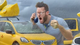 guy in hurricane arguing on phone next to his kia sportage made out of lemons