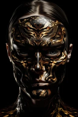photorealistic body horror portrait of a human face split into a rorshach inspired pattern. The object has a wet, abstract, off-kilter expression and is laid out on a pitch black background with hard and contrast filled lighting. The overall look and atmosphere of the image is grotesque modern absurdism.