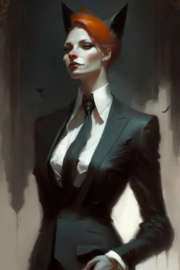 a fox in black suit,white collar neck band and court gown in the style of Aleksi Briclot, Charlie Bowater, Dean Cornwell, and Pino Daeni