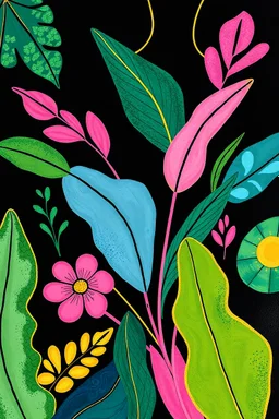 A vibrant, abstract painting featuring a colorful arrangement of organic shapes, textures, and patterns in shades of green, blue, pink, and yellow . The dark background has a lush, tropical feel with a golden outline seamless pattern