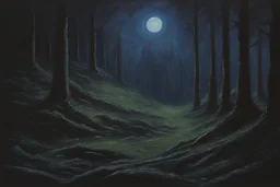 night, forest, cliff, 2000's gothic horror movies influence, otto pippel impressionism paintings