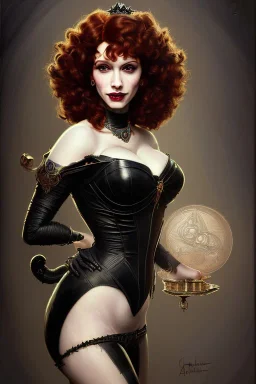 painting of christina hendricks as evil queen in black leather, feminie, angry, volouptous, busty, cleavage, emperious, mature, highly detailed, digital painting, artstation, concept art, smooth, sharp focus, illustration, art by gaston bussiere and alphonse mucha