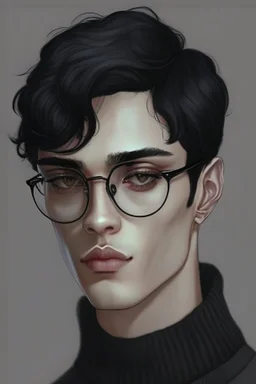 Short black hair, light skin, black turtle neck clothing, black round glasses, earrings, grey eyes, black eye shadow, man