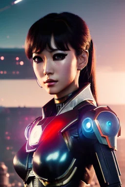Futuristic manga cyborg, portrait from waist up, intricate eyeliner, vibrant eyeshadow, clear completion, soft lighting, 4k resolution, intricate details, insanely detailed, colorful cityscape background, masterpiece, expert, cinematic smooth, retroanime style, realistic details, no helmet