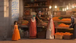 A full-length Palestinian girl wearing an embroidered dress and a white embroidered shawl buys oranges from an old seller wearing a keffiyeh in the market of Jerusalem, 100 years ago, at night with multi-colored lights reflecting on her.