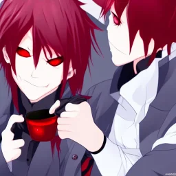 cute male anime vampire drinking blood, he has red eyes and white hair