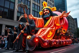 cartoonish jesus parade balloon pulled by multiple grim reapers, multi colored, bright, vivid, psychedelic, high detailed, high gloss, insanely detailed, matte, horrorcore, lining the street, unsettling contrast, monument to death, live action shot grim reaper parade, pulling a jesus parade float
