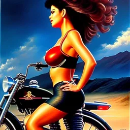 portrait of busty beautiful 'Female Rider on Akira's Bike',painting by Earl Norem, simon Bisley, evan lee, 86-86, oil on canvas, cinematic composition, extreme detail,fit full head inside picture,8k