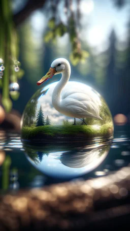 portrait of swan inside a boat crystal ball hanging from a tree in the mountain , shot on Hasselblad h6d-400c, zeiss prime lens, bokeh like f/0.8, tilt-shift lens 8k, high detail, smooth render, down-light, unreal engine, prize winning