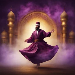 Hyper Realistic Sufi Whirling with Golden, Maroon & purple Islamic Sufi Rustic Grungy Background with Islamic Architecture at night with heavy fog Whirling