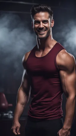 Hyper Realistic handsome muscular man in maroon-patterened-black-tank-top -&-tight-underwear giving ATTRACTIVE-SMILE in a dark gym full of maroon-fog at night showing dramatic & cinematic ambiance