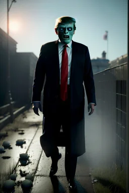 Ultra realistic image night, Donald trump zombie, suit, blood, torn arm, night, the walking dead style, dark ambient, highly detailed, White House background, concept art, unreal engine 5, ray tracing, RTX, ultra detail, volumetric lighting, high definition, high resolution.