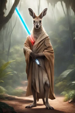 [photo realistic] a kangaroo standing with a Jedi cape and a Lightsaber, using the force, jungle in the background