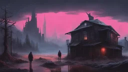 Mysteries of the Forgotten Town, Surreal Science fiction painting, Simon stålenhag, Goro Fujita Nicolas Bruno, Peter Sallesen, Hamish Frater, ominous sky, cyberpunk impressionism meets dark gothic surrealism, gritty horror storytelling art, foreboding, dark neon palette, superb and riveting composition, impeccable symmetry, dark gothic art, neon horror story, analog CRT overlay, post-future survivalism, sci-fi narrative storytelling by Issac Asimov and Frank Herbert