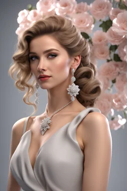 full body woman, from Russian Federation , elegant dress, elegant curled hair , 19 years old ,earring, no make up,8k, Candid avant garde portrait, charming woman, wearing Lovely Flower Diamond Pendant, octane render 3d, plastic material