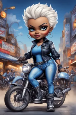 airbrush illustration of the chibi cartoon character, a voluptuous black female in a blue jean outfit with biker boots. Her prominent makeup and hazel eyes, along with her detailed platinum blonde pixie haircut, are featured in this image, set against the background of a lively bike show.