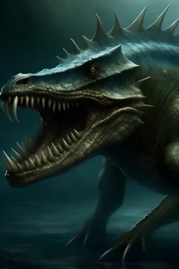 Its body is reminiscent of a dinosaur, sturdy and muscular build. four strong limbs, It has a pointed snout filled with rows of sharp, menacing teeth that hint at its predatory nature. Its eyes are piercing. On the sides of its head, there are gills that allow Sharko to breathe underwater,curly horns on top of its head,bushy, striped tail,feature sharp claws,blue, gray, green and brown,vibrant yellow,