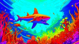 Comic style, underwater, coral reef, shark