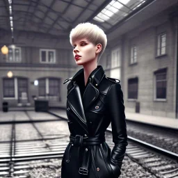 A beautiful slender well dressed tall young woman with short hair and a black trench coat, waiting for a man at night at a train station in London