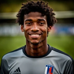 85mm DSLR color photography of a very detailed headshot fitting all of head and hair in frame. 18-year-old French soccer player, and with no facial hair and has no facial hair, has short length straight black hair with a small smile, grey background