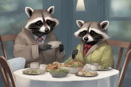 raccoon couple on a dinner date eating fine garbage while wearing human clothes in an anime illustrated art style with a watercolor background