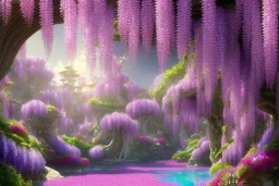 a magical crystal flower lys bougainvillier, arbor of pink wisteria, blue gold house crystal castle in wood of a lot of pink wisteria,blue lake,sun,white swanns,pink vertical, blue lake,sharp, vines, candlelit, endor, ornate, elegant, highly detailed, artstation, concept art, smooth, sharp focus, illustration, 8k, splash art, wallpaper, key visual