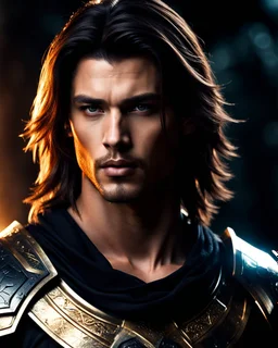 handsome male alpha warrior age 25 with shoulder length hair and a goatee. dark fantasy