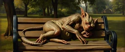 master oil painting by Rembrandt, female old orc dragon gremlin sleeping on a bench in the park