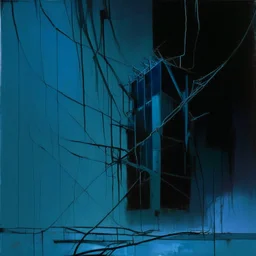 Minimal abstract oil painting of a zoom in on limbs sinew. Amongst concrete fragments brutalist architecture and hanging wires illuminated at night. Blue In the style of Justin Mortimer and Phil Hale and Ashley Wood