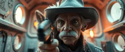 gritty air brush 3d with pen outline,seasoned handsome gunslinger western fluffy elder woman edgy hero with slightly glowing eyes and nudged dented skin in front of glistening space tardigrade dog, shallow depth of field, warm lantern, pin hole cam in doll house space ship, bottom floor board edge border