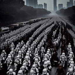 imperial army in star wars coming to Jakarta scary gloomy weather surrounded by traffic jam and hectic people work