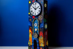 A dark blue clock tower in a galaxy designed in Mexican folk art painted by Wassily Kandinsky