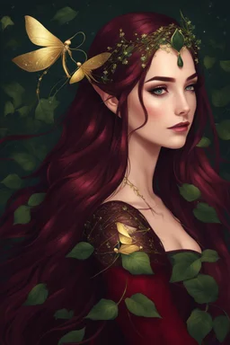 Burgundy hair, dark hair,dark red , rapunzel hair,very long hair,dark fairy princess,elven crown,night,dragonflies,beautiful,ong ashes,golden armor ,sparkle,night blooming,ivy,dark green,lilly of valley,golden elven crown