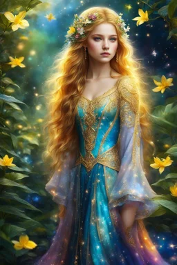 Gorgeous adorable photography realistic, beautiful fantasy art, colorful, vibrant colors, high detailed, high quality, 8k. She was a pretty young girl with flowing golden hair, wearing a full dress with a colorful jasmine flower pattern. She lived in a magical world, where the nights were glowing with stars and fireflies.