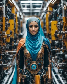 potrait cinematography colors a beautiful face woman hijab humanoid hijab robot mechanical walking in between two rows of complex machinery with vibrant colors